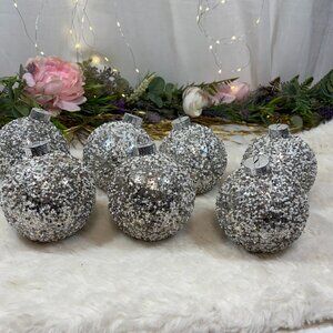Set of 7 4" silver glass beaded Christmas tree ornaments STUNNING